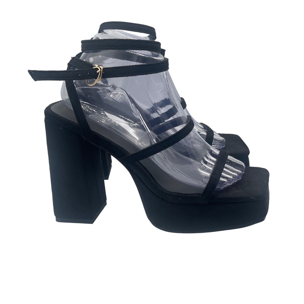 Black Block Heel Platform Strappy Sandal Women's Size 8‎